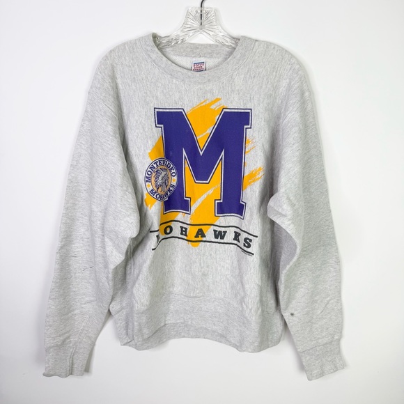 Vintage Montevideo Mohawks Crewneck Sweatshirt Large Grey Mens 90s School - Picture 1 of 8